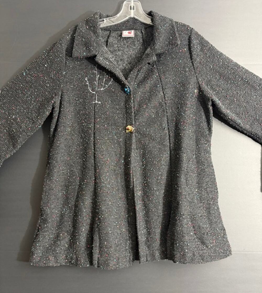 Lady Jane Women’s S Art to Wear Jacket Gray Flecked Knit Glass Buttons USA